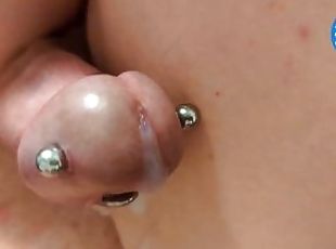 Closeup Handsfree Cum Pierced Cockhead Throbs Gushes Cum with Magic Cross Piercing