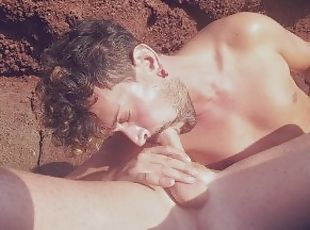 Deep Throat and cumeating @  gay nudist beach with ginger