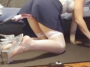 Fuck Machine Part 2. School girl in High heels upskirt with white stockings