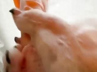 Soapy dildo handjob with dirty talk