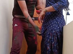 Hot indian desi village bhabhi was celebrate Holi with dever on clear Hindi audio 