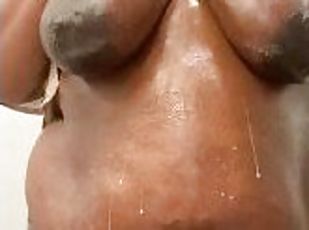 Sexy luscious BBW Remi oiling her body and squirting milk everywhere