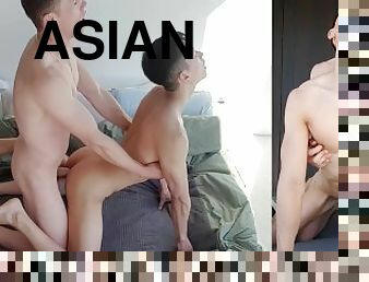asiatisk, hundestilling, udløsning, blandede-racer, bøsse, par, sperm, hvid, twink