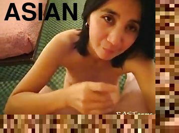 Asian girlfriend strips off her clothes and kneels in front of me to worship my big fat cock
