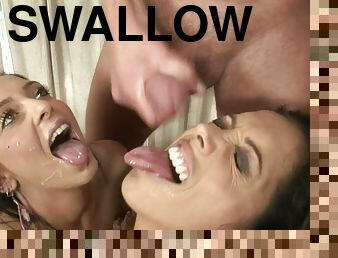 A guy gets blown by two chicks and they swallow his load