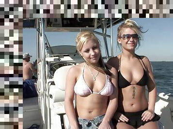 Gorgeous blonde babes showing off their lovely tits and ass on a boat