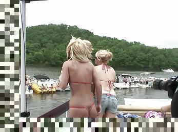 Long haired blonde pornstar gets flirty at a raunchy outdoors bikini party