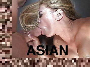 White cock invades her Asian pussy on a desk