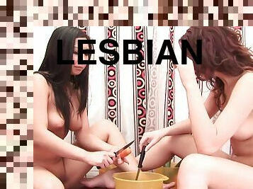 Veggie fucking lesbian girls lube up with olive oil