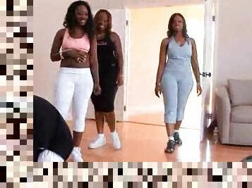 Three black booty sluts come into the gym