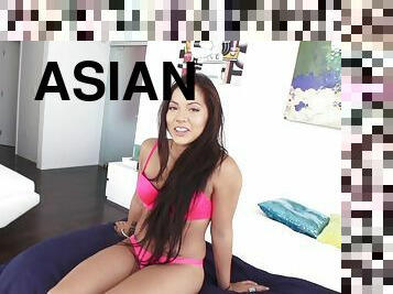 Smutty Asian pornstar with long hair gives a deepthroat blowjob in a pov shoot