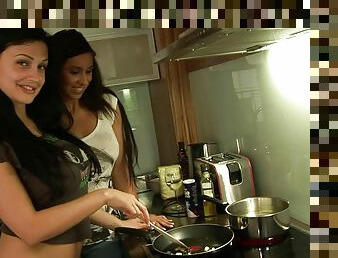 Brunette hottie Aletta Ocean cooks breakfast in the kitchen