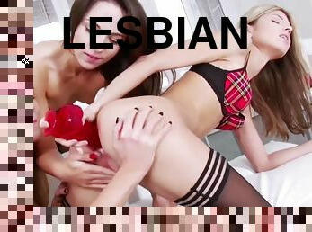 Pretty and horny lesbian teens hardcore threesome using dildo