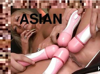 Slutty asian gets pussy pleased with four vibrators