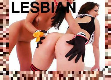 Lesbian babes spread their oiled up asses open and toy them