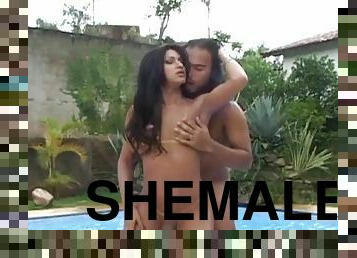 A guy hooks up with a shemale by the pool and drills her ass