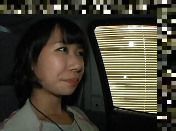 Asian couple car fucking in a van in a parking lot