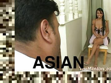 Gorgeous Asian angel is getting naked with a fat dude