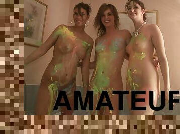 Three amateur lesbians play with paints in the shower