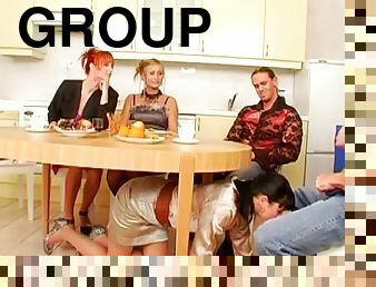 At a dinner party everyone gets crazy during group sex in the kitchen