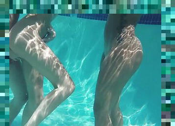 Two hotties in bikinis fuck a guy in and out of the pool