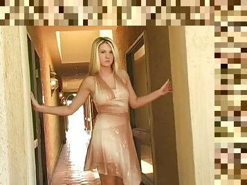 Alison Angel licks her tits in the hallway and enjoys it much