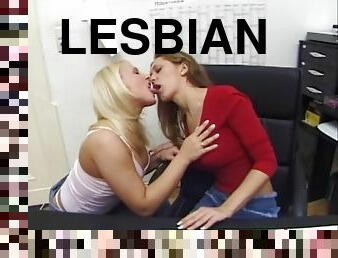 Lesbian office romance with a double dildo fucking