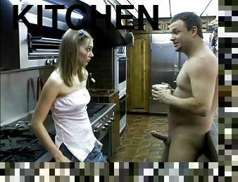 Petite teen slut gets a hardcore ass fucking in the kitchen