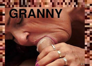 Seductive granny gets him hard and rides his fat dick