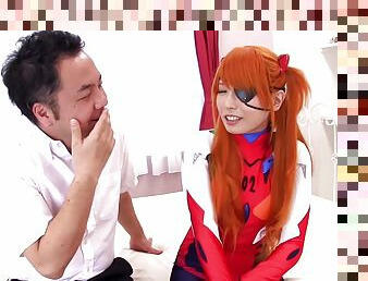 A Japanese girl in cosplay rides a guy's rock hard dick