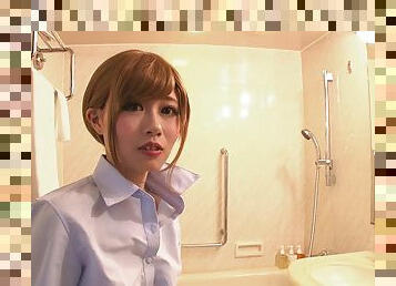 Japanese babe bathes before fucking in the hotel room
