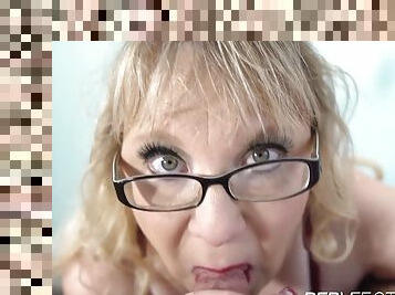 Nerdy mature GILF teacher gives POV blowjob - cumshot