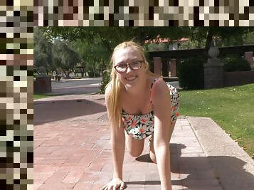 Sexy Blonde Babe With Glasses Playing With Her Shaved Pussy In A Park