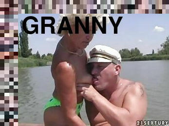 Lewd granny Effie has sex with her husband outdoors