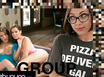 cul, babes, lesbienne, ados, sexe-de-groupe, doigtage, pizza