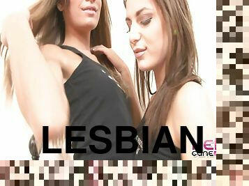 Two awesome lesbians lick each other's slim bodies