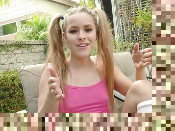 Flat-chested cutie with ponytails Lilly Ford bouncing on a dick