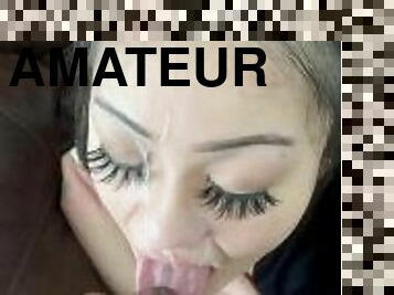 asiatisk, svær, amatør, cumshot, ludder, facial, cum