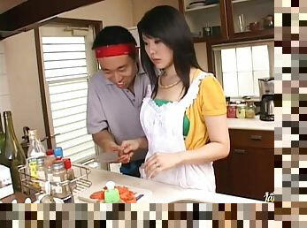 asian, berambut, perempuan-jelita, alat-mainan, tegar, dapur, berahi, fetish