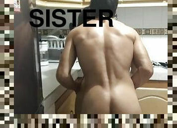 stepsister is in the kitchen, I touch her, she likes it, I kiss her, I take off her shorts and I lic