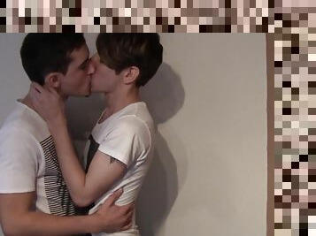 Sweet young boys are kissing each other on the cam