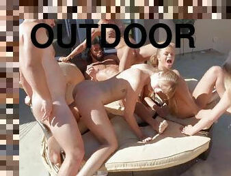 Seven nymphomaniac babes with a huge sexual appetite boned outdoors