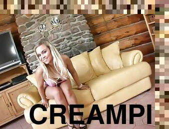 Creampies from two cunts fill this dirty blonde slut