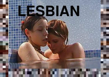 Alluring lesbian teen messing around in the swimming pool hardcore