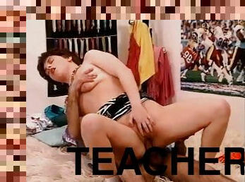 Short haired teen rides her teacher cock in this vintage sex video