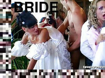 Bubbly brunette brides maid eats cum after blowing a cock at an after wedding orgy