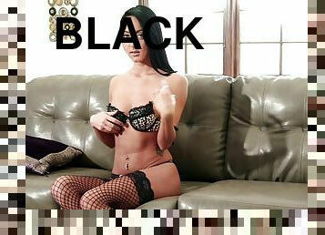 Gorgeous girl in black fishnet stockings fucks a big cock guy