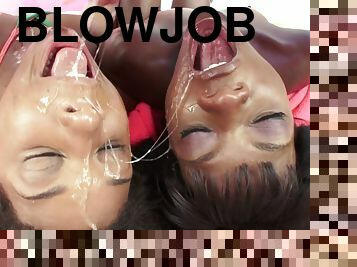 Sloppy spit soaked blowjobs from two cute black girls