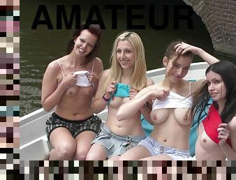 Cute amateur teen flashers on the boat showing boobs