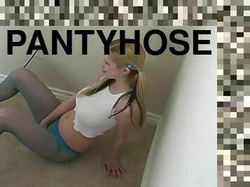 Blue pantyhose on the solo teenage girl